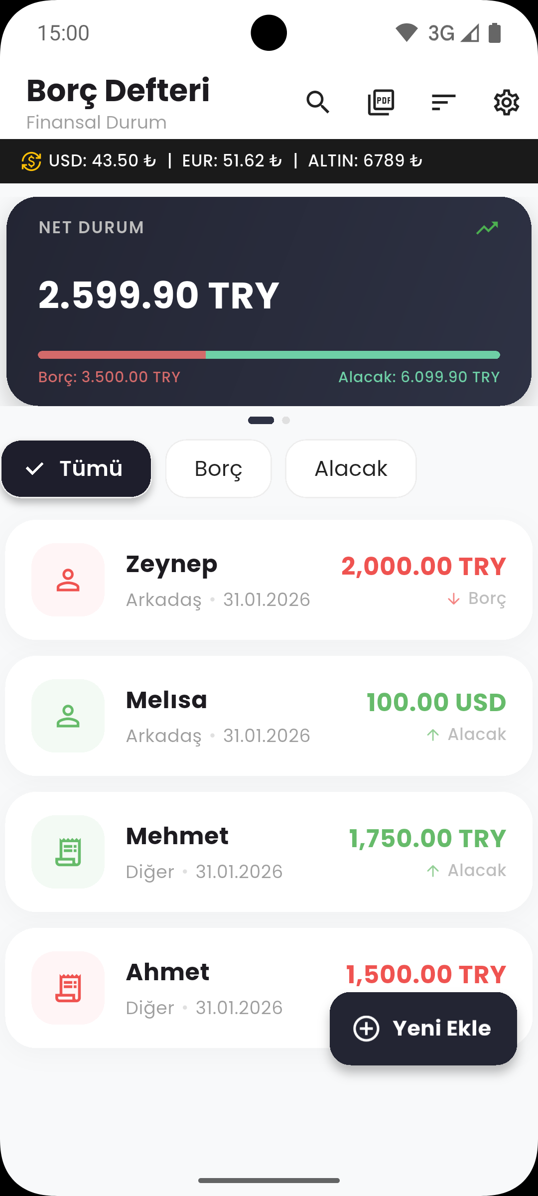 Veresiye Defteri Ana Ekran