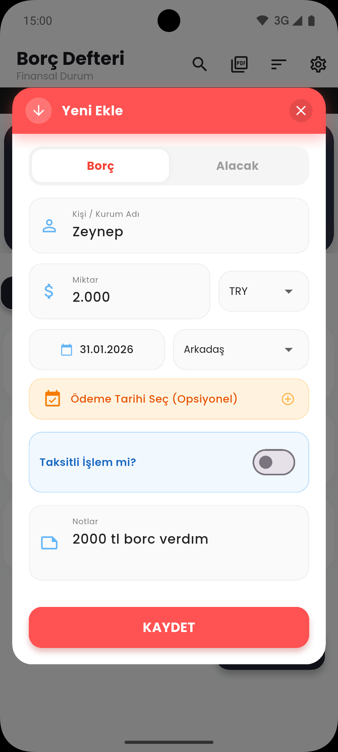 Veresiye Defteri Ana Ekran
