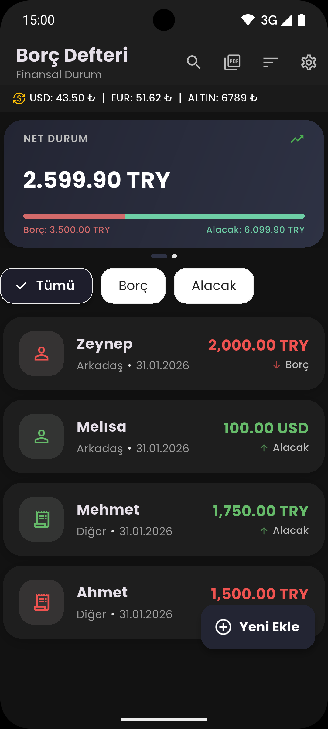 Veresiye Defteri Ana Ekran